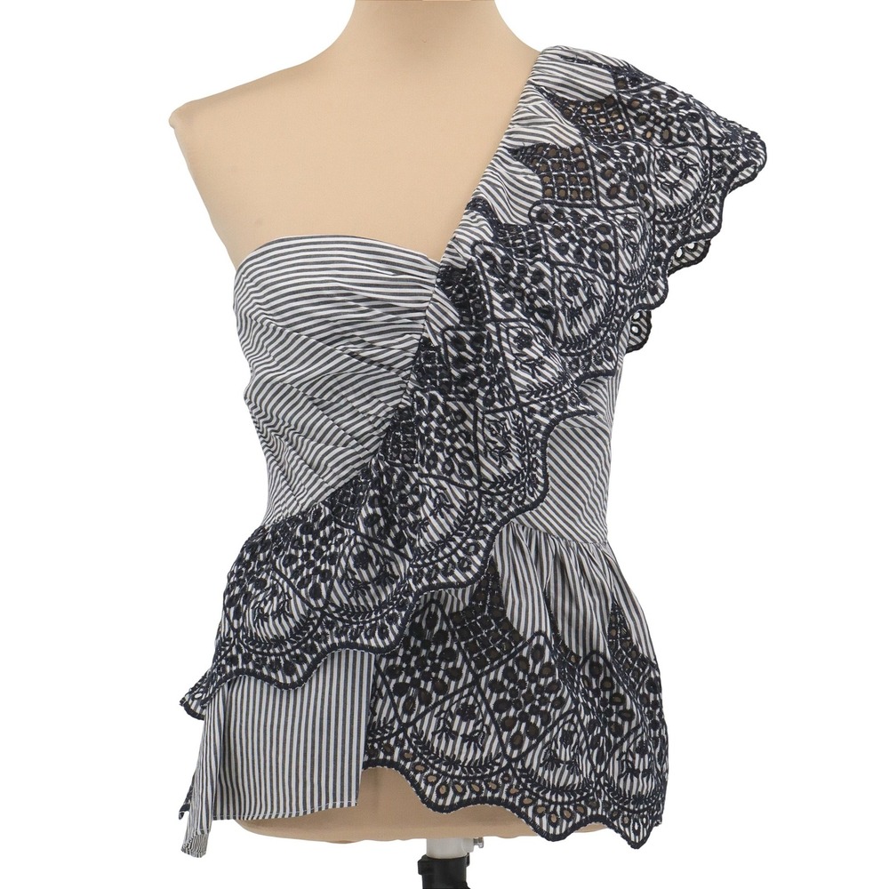 NWT BCBGMAXAZRIA‎ One Shoulder Lace Peplum Top Striped Eyelet Size 8 - Picture 2 of 9